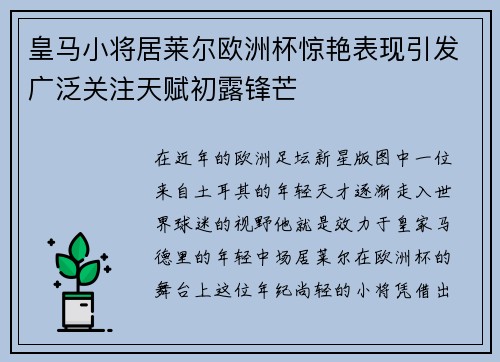 皇马小将居莱尔欧洲杯惊艳表现引发广泛关注天赋初露锋芒