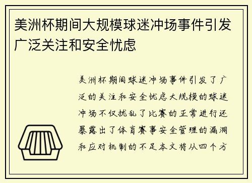 美洲杯期间大规模球迷冲场事件引发广泛关注和安全忧虑